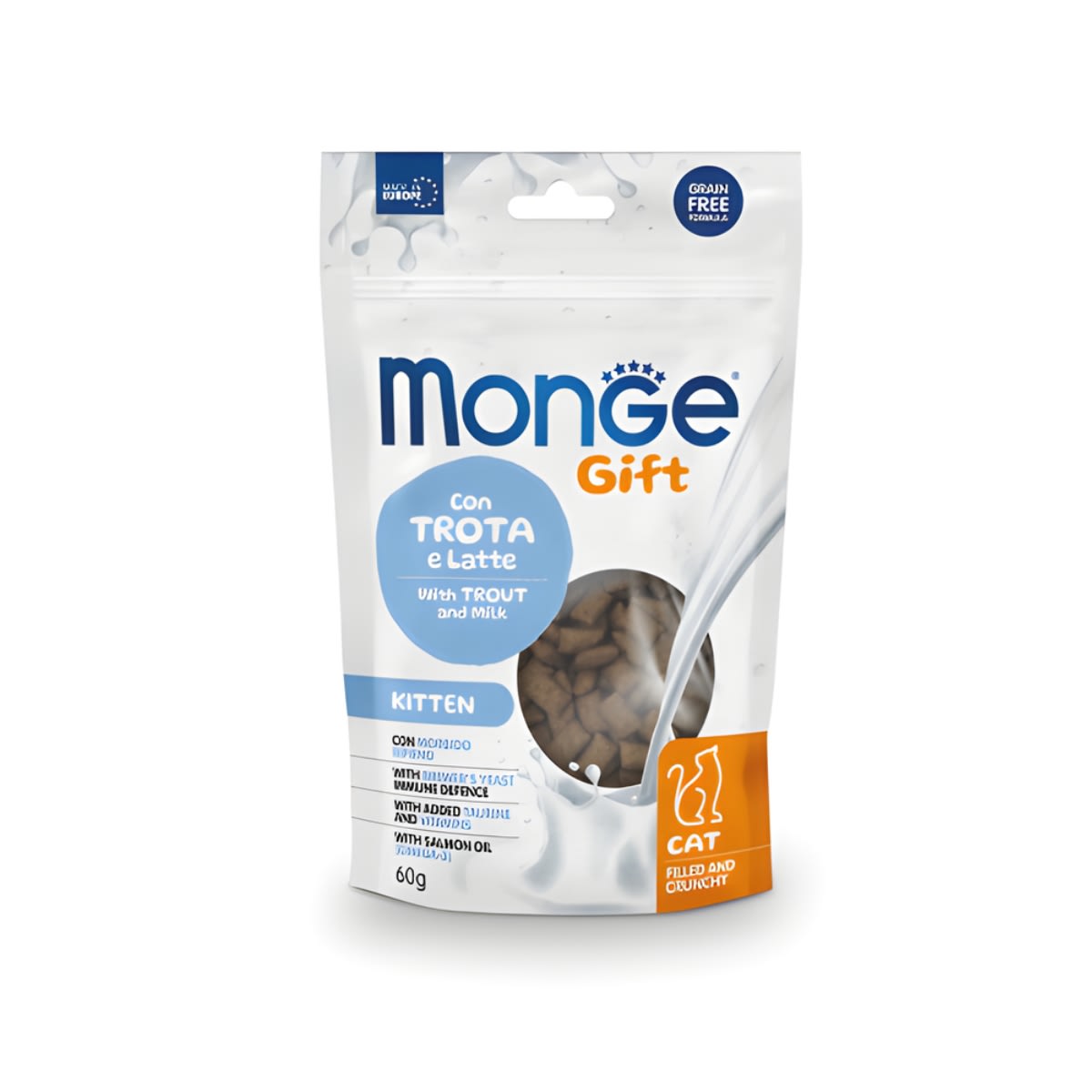 MONGE GIFT FILLED AND CRUNCHY KITTEN CAT (TRUCHA+LECHE) 60 G1
