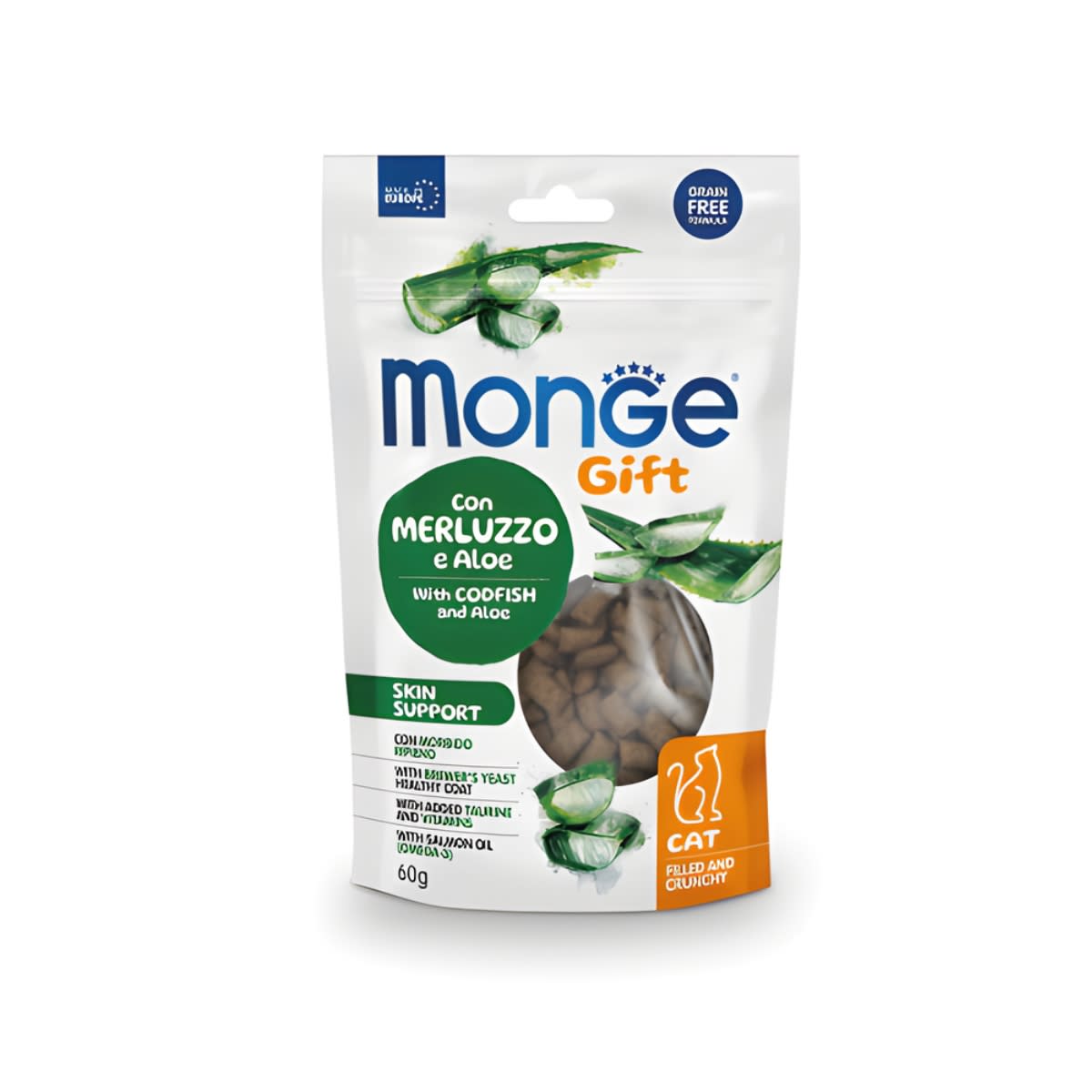 MONGE GIFT FILLED AND CRUNCHY SKIN SUPPORT CAT (BACALAO+ALOE) 60 G1