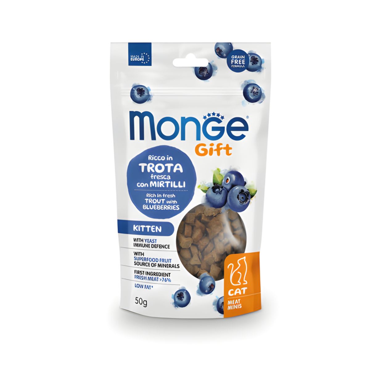 MONGE GIFT MEAT MINIS KITTEN CAT (TRUCHA+ARANDANOS) 50 G1