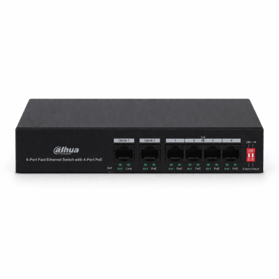 DH-PFS3006-4ET-36 DAHUA SWITCH 4 BOCAS POE 10/100 Mbps 36 WATTS 2 PUERTAS UPLINK 10/100Mbps1