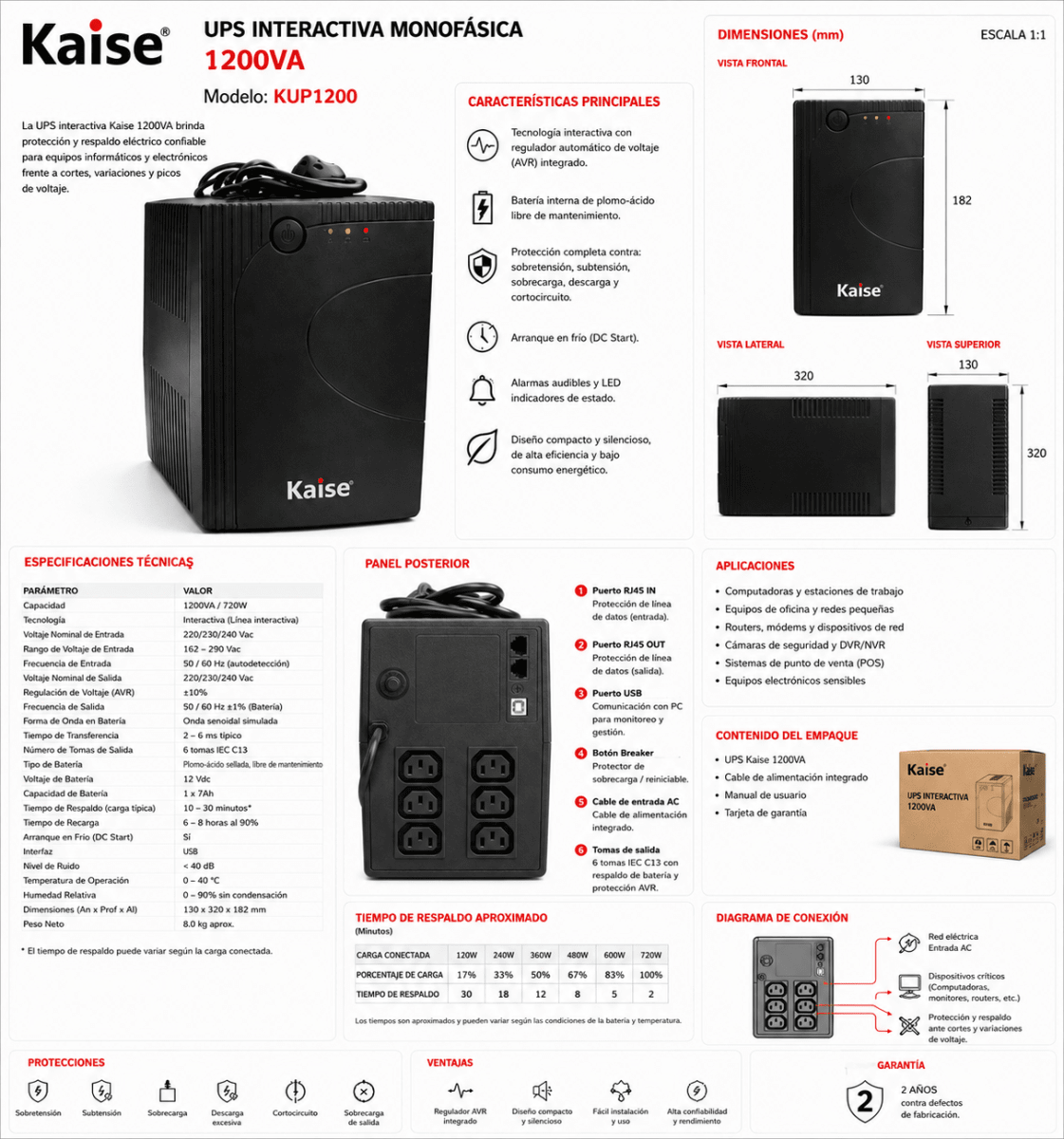 UPS Kaise 1200VA Monofásica Línea Interactiva con Regulador AVR4