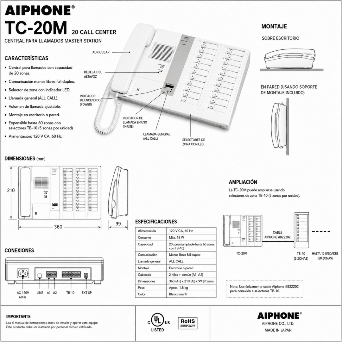 CENTRAL DE CITOFONIA AIPHONE TC-20M2