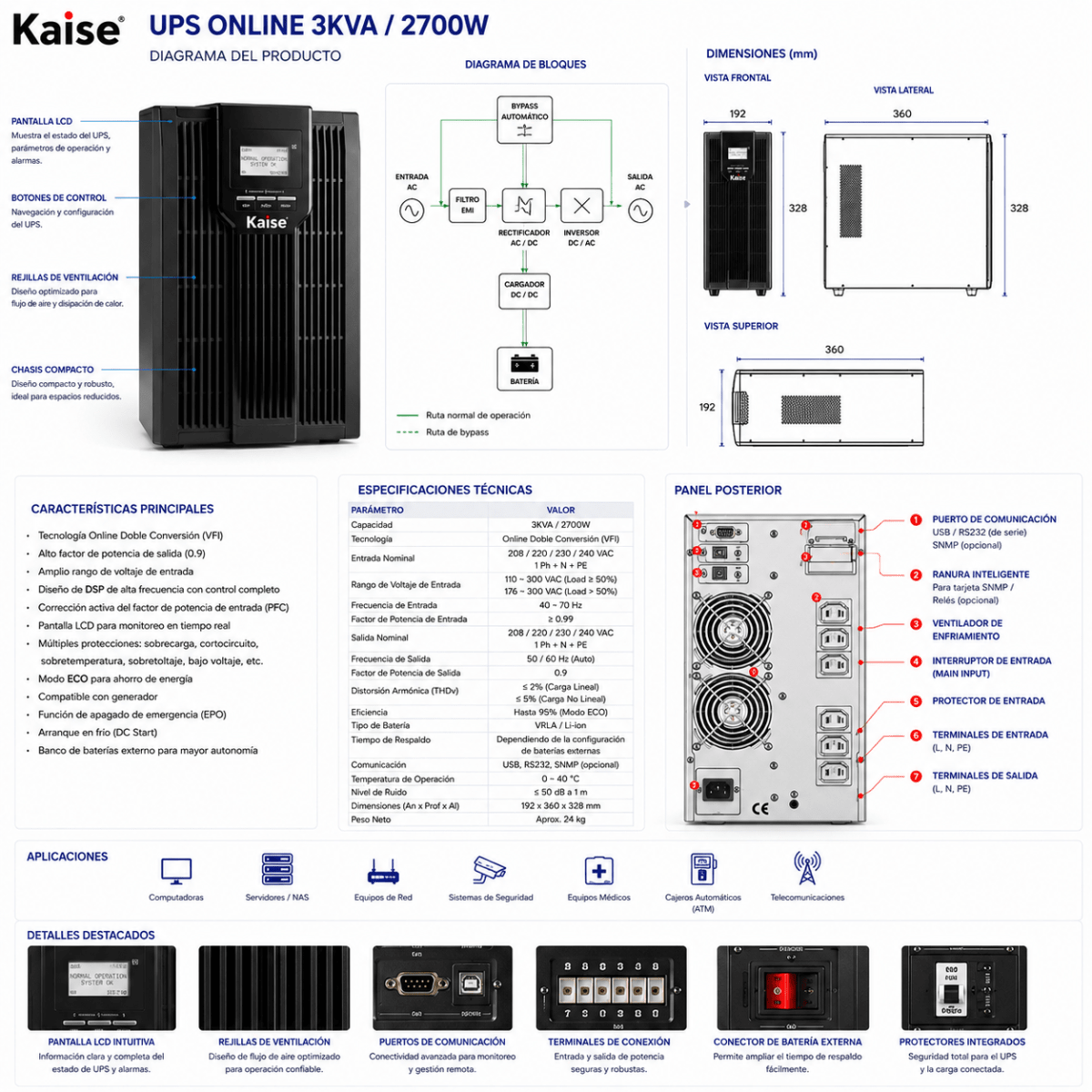 UPS Kaise 3kVA 2700W Monofásica Online Doble Conversión5