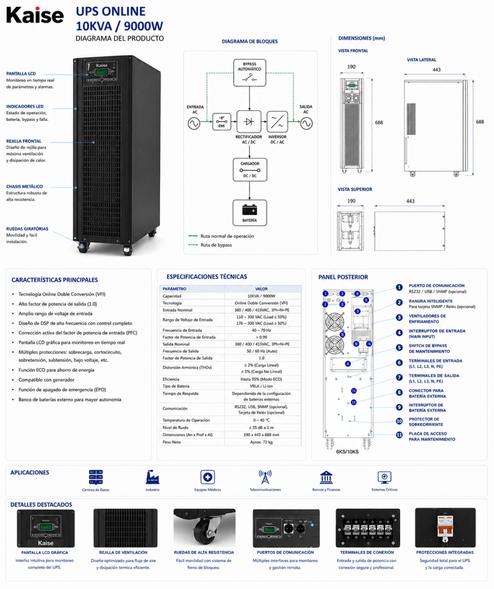 UPS Kaise 10kVA 9000W Monofásica Online Doble Conversión2