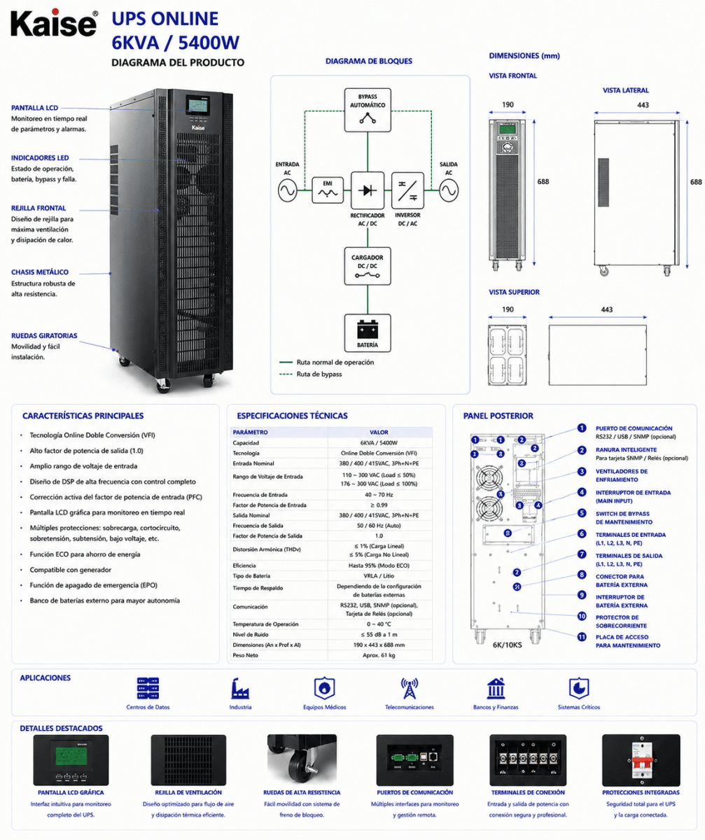 UPS Kaise 6kVA 5400W Monofásica Online Doble Conversión2