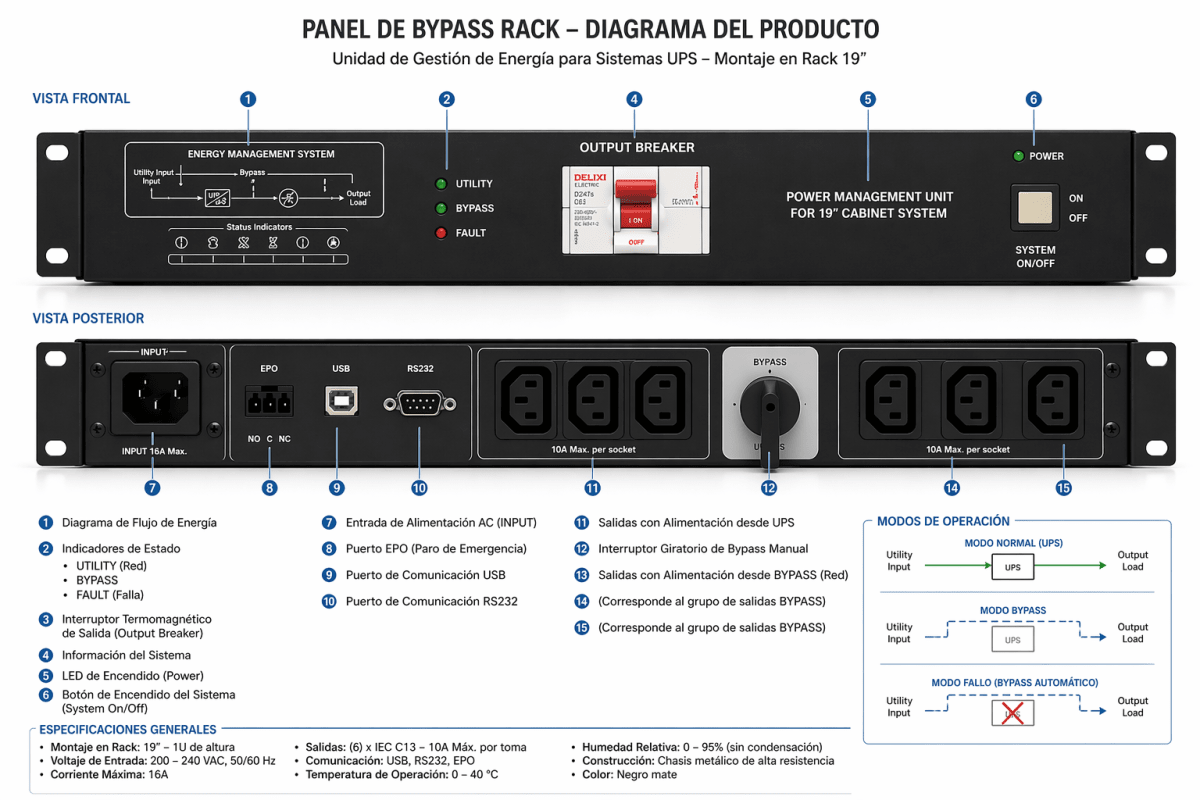 Panel Bypass Rack para UPS Kaise 1kVA a 3kVA3