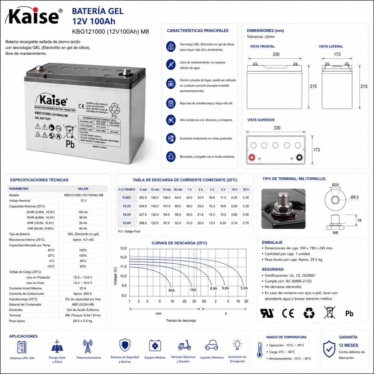Batería GEL 100Ah 12V Kaise2