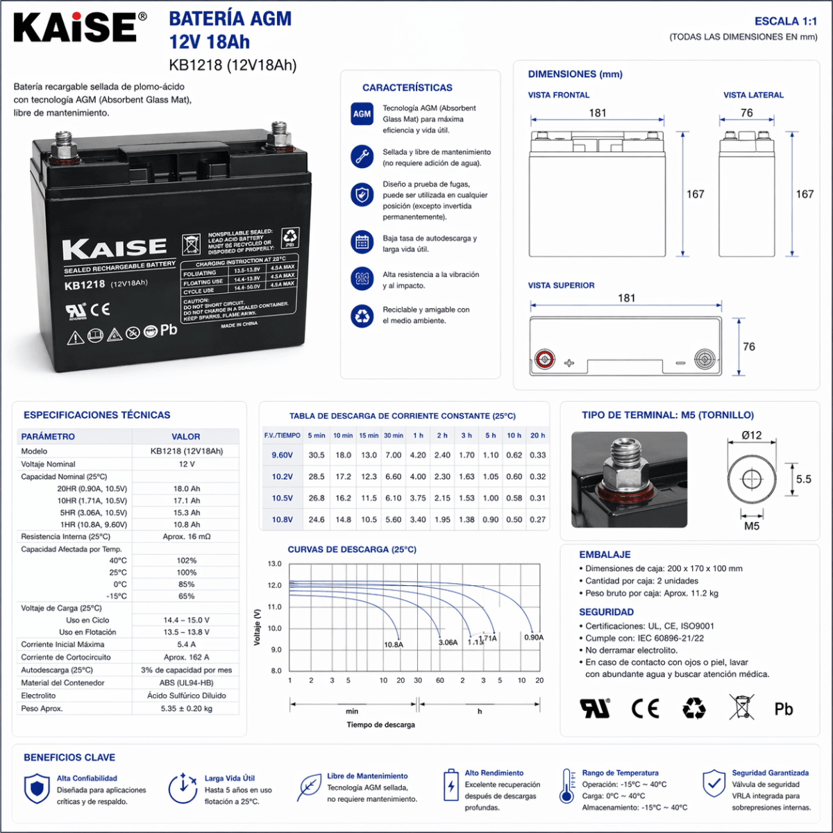 Batería AGM 18Ah 12V Kaise2