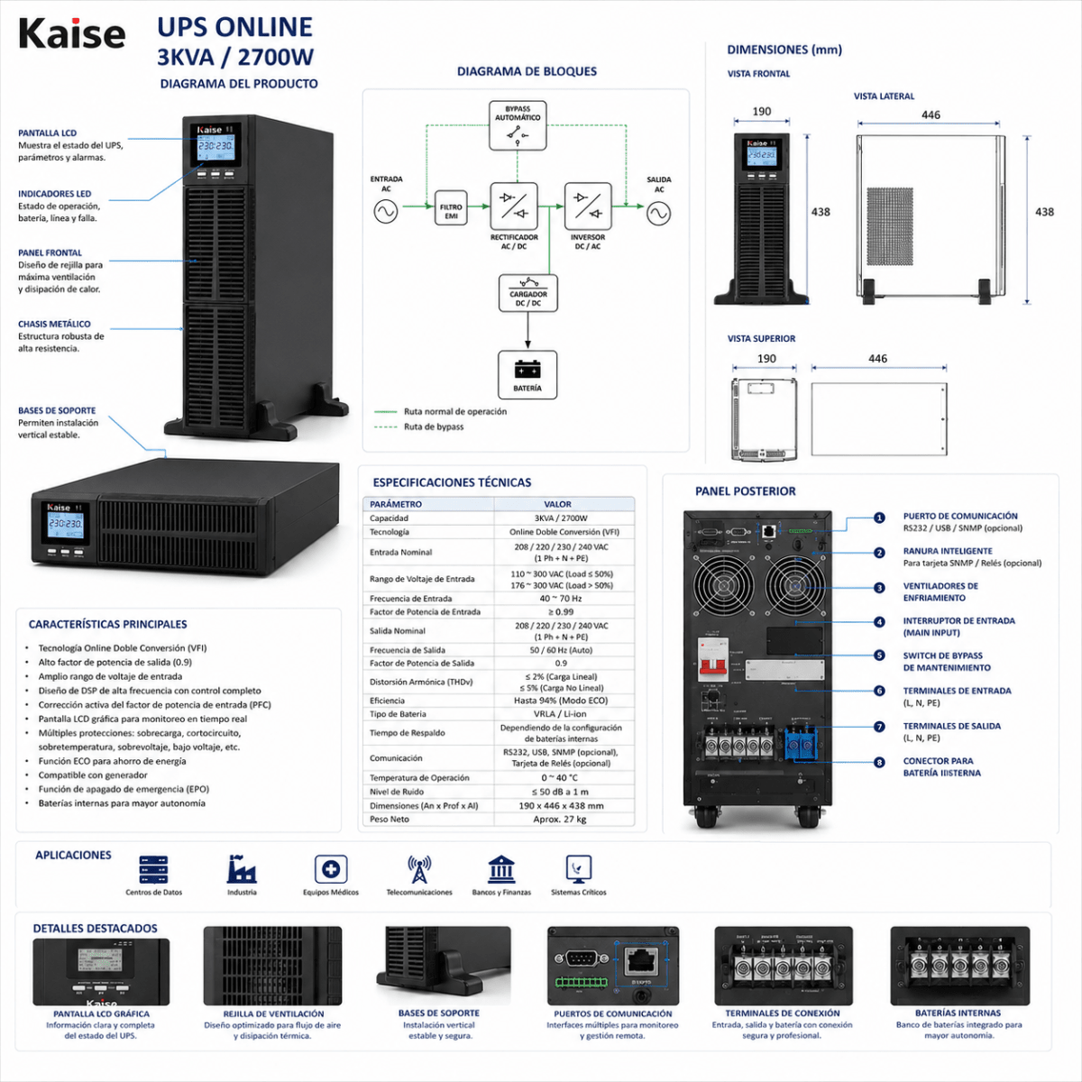 UPS Kaise 3kVA Monofásica Online Doble Conversión Rack/Torre con Baterías3