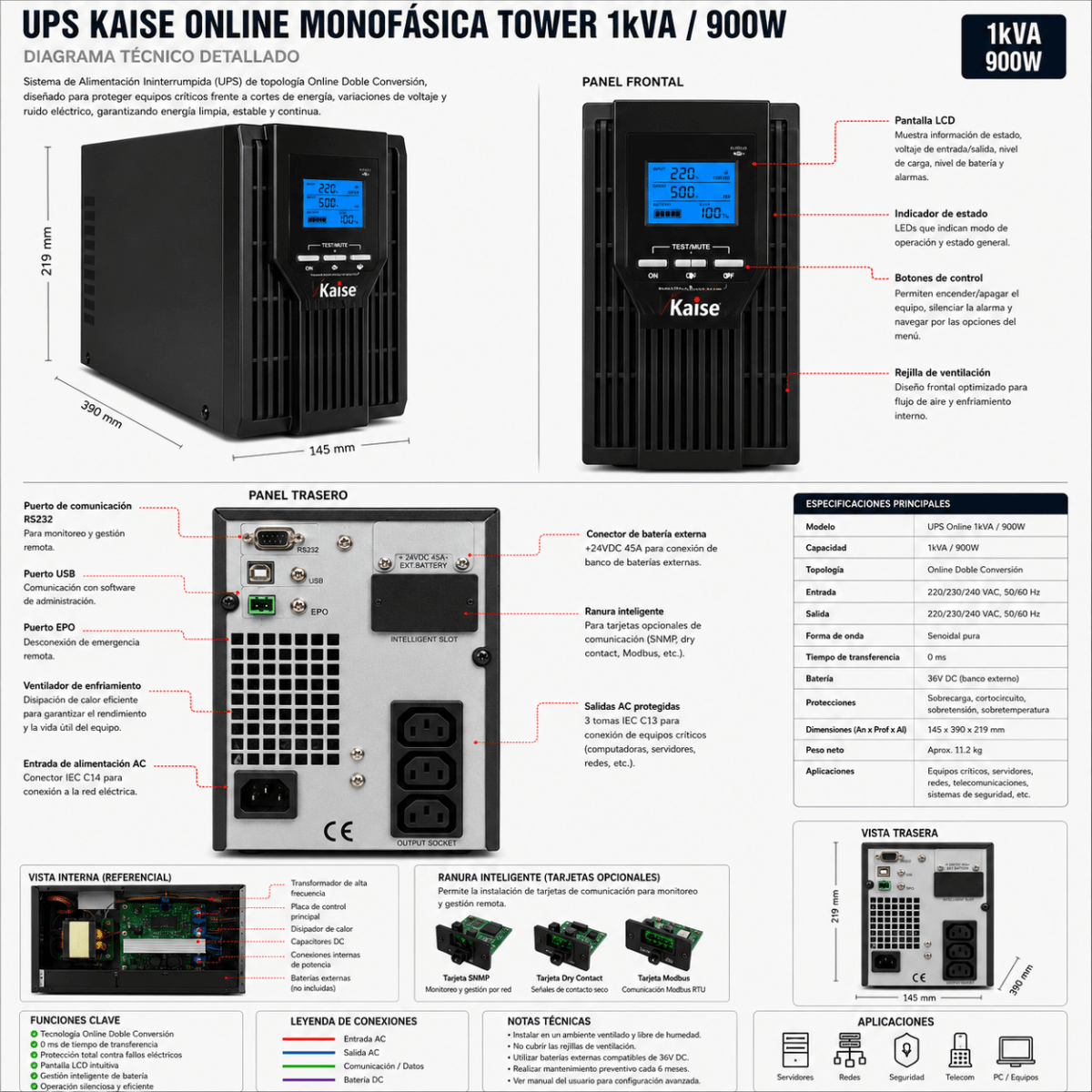 UPS Kaise 1kVA 900W Monofásica Online Doble Conversión4