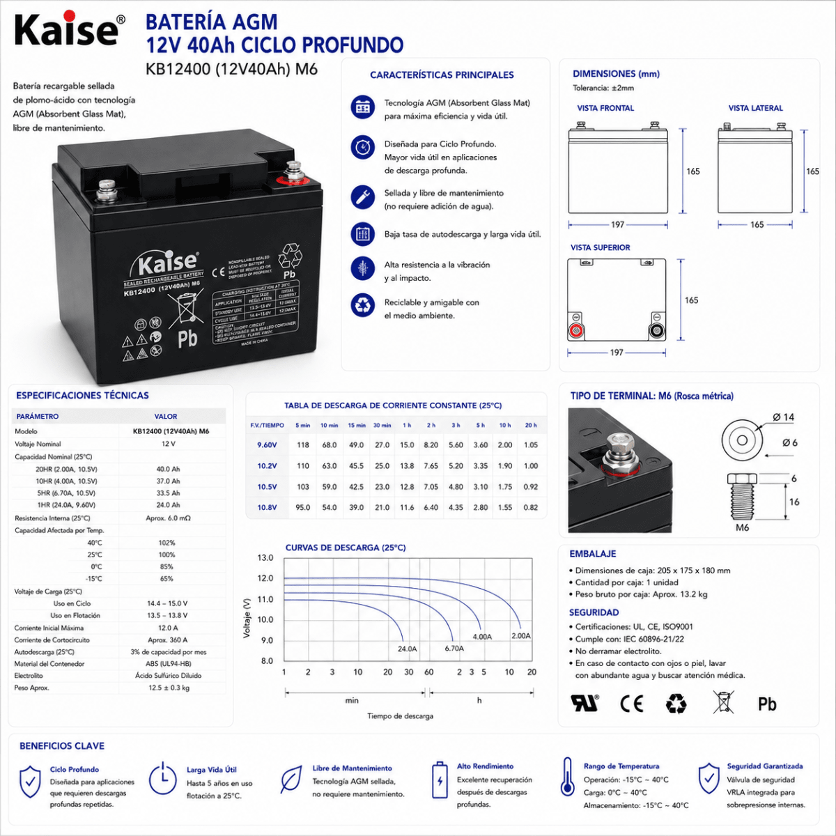 Batería Kaise 12V 40Ah Ciclo Profundo AGM2