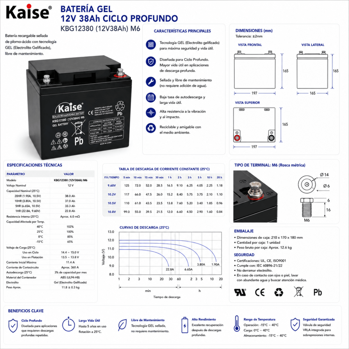 Batería Gel 12V 38Ah Kaise2