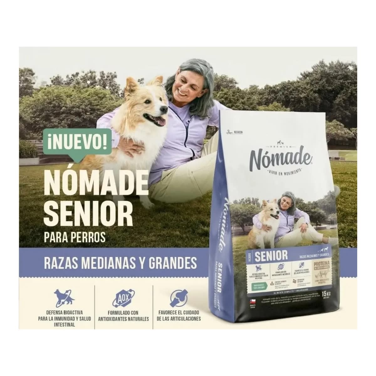 NÓMADE SENIOR 15KG – ALIMENTO PERROS ADULTOS MAYORES MEDIANOS Y GRANDES | NUTRICIÓN SENIOR CHILE1