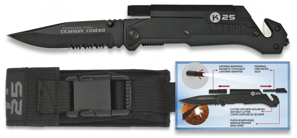 NAVAJA TACTICA K25 NEGRA C/LINTERNA+PEDERNAL1