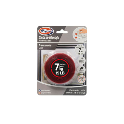 Cinta montaje transp 25mm X 1.5m soporta 7kg Pegafan1