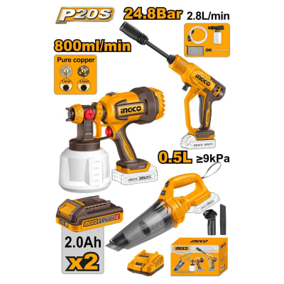 Combo 20V Hidrolavadora + Pistola para Pintar + Aspiradora Inalámbrica Ingco1
