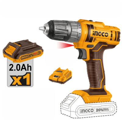 Taladro Atornillador Inalámbrico Ingco 20V 2.0AH + Batería + Cargador1