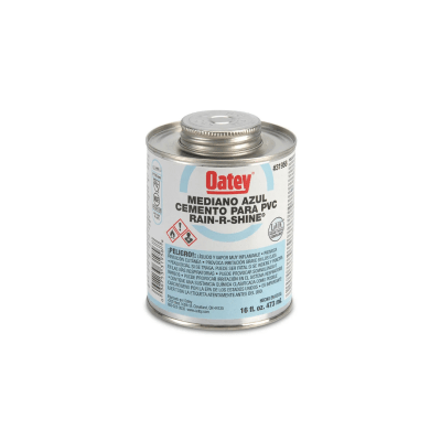 Pegamento rain r -shine 16 oz azul para tuberías de pvc Oatey1