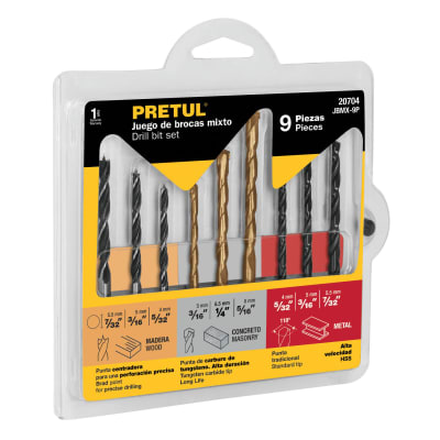 Juego de 9 brocas para metal concreto y madera Pretul1