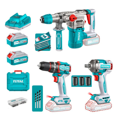 Combo taladro percutor 66nm + llave de impacto 400nm + rotomartillo 20v inalambrica Total6