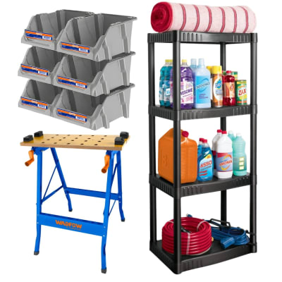 Mesa Trabajo Wadfow + Estante 4 repisa Pretul + Juego 6 contenedores Wadfow1