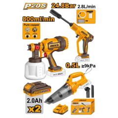 Combo 20V Hidrolavadora + Pistola para Pintar + Aspiradora Inalámbrica Ingco