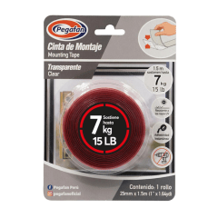 Cinta montaje transp 25mm X 1.5m soporta 7kg Pegafan