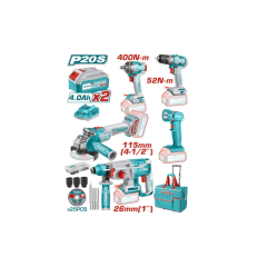 Combo taladro + amoladora + llave de impacto + rotomartillo + linterna 20v Total