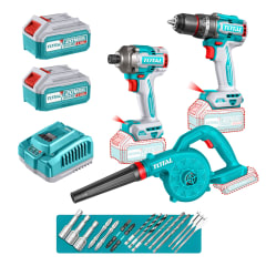 Taladro percutor 86nm + atornillador de impacto 285nm y sopladora Total