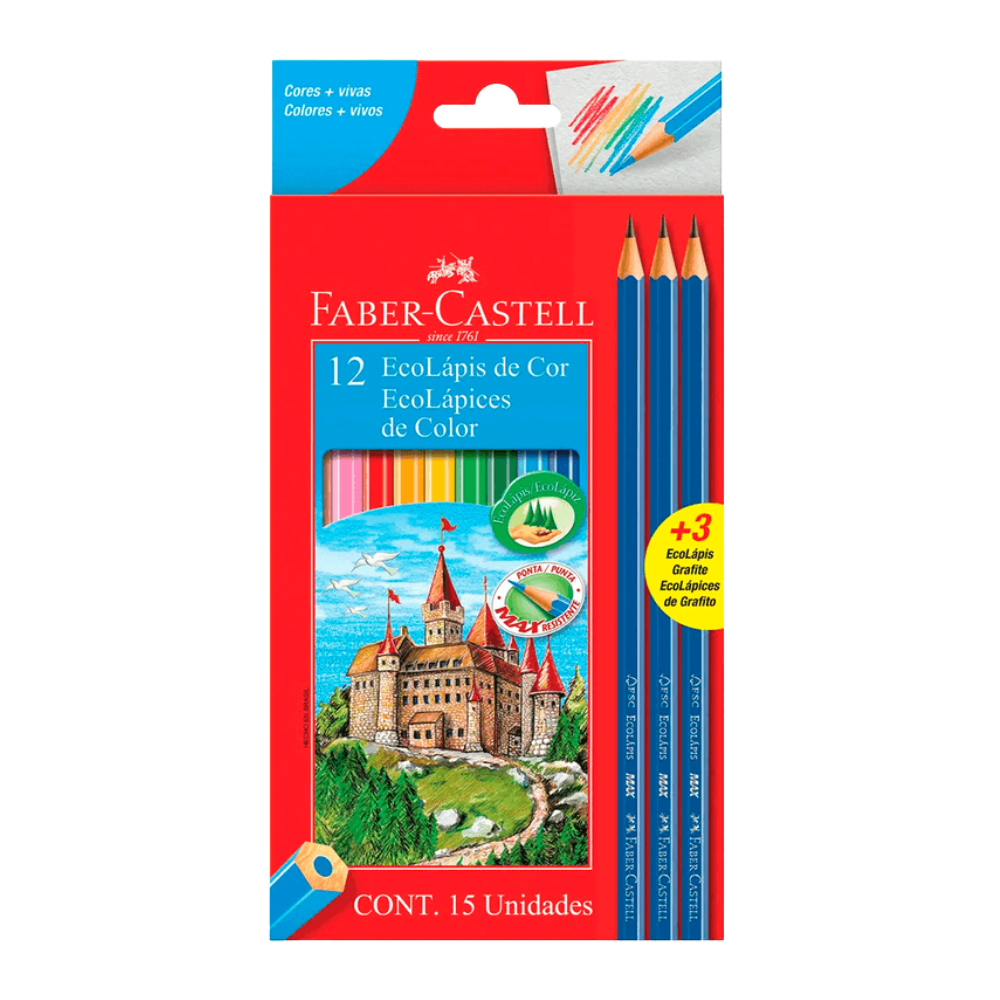 CAJA 12 LAPICES DE COLOR  + 3 LAPICES GRAFITOS FABER-CATELL1