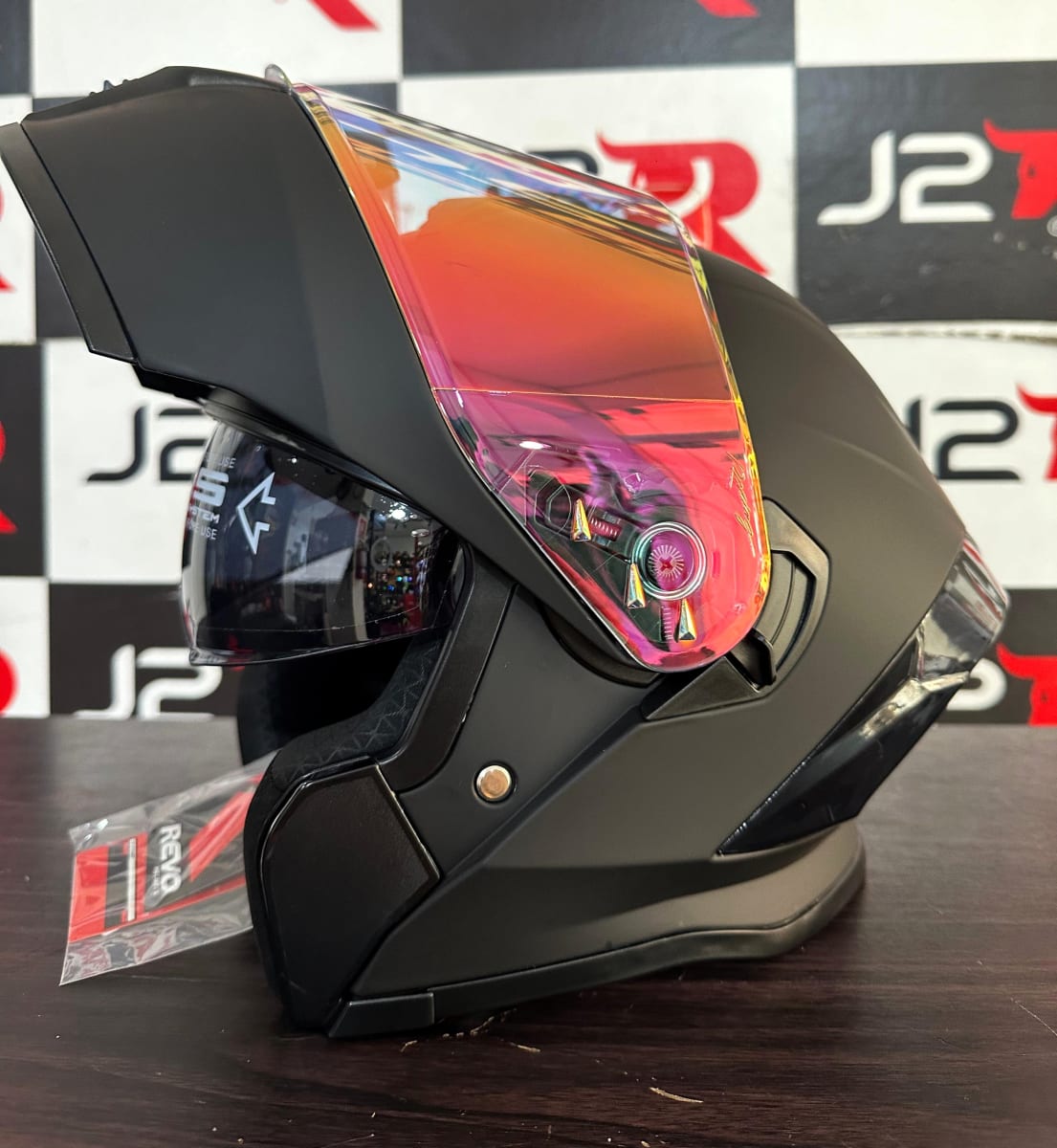 CASCO ABATIBLE REVO NEGRO MATE C/ LUZ LED VISOR ROJO4