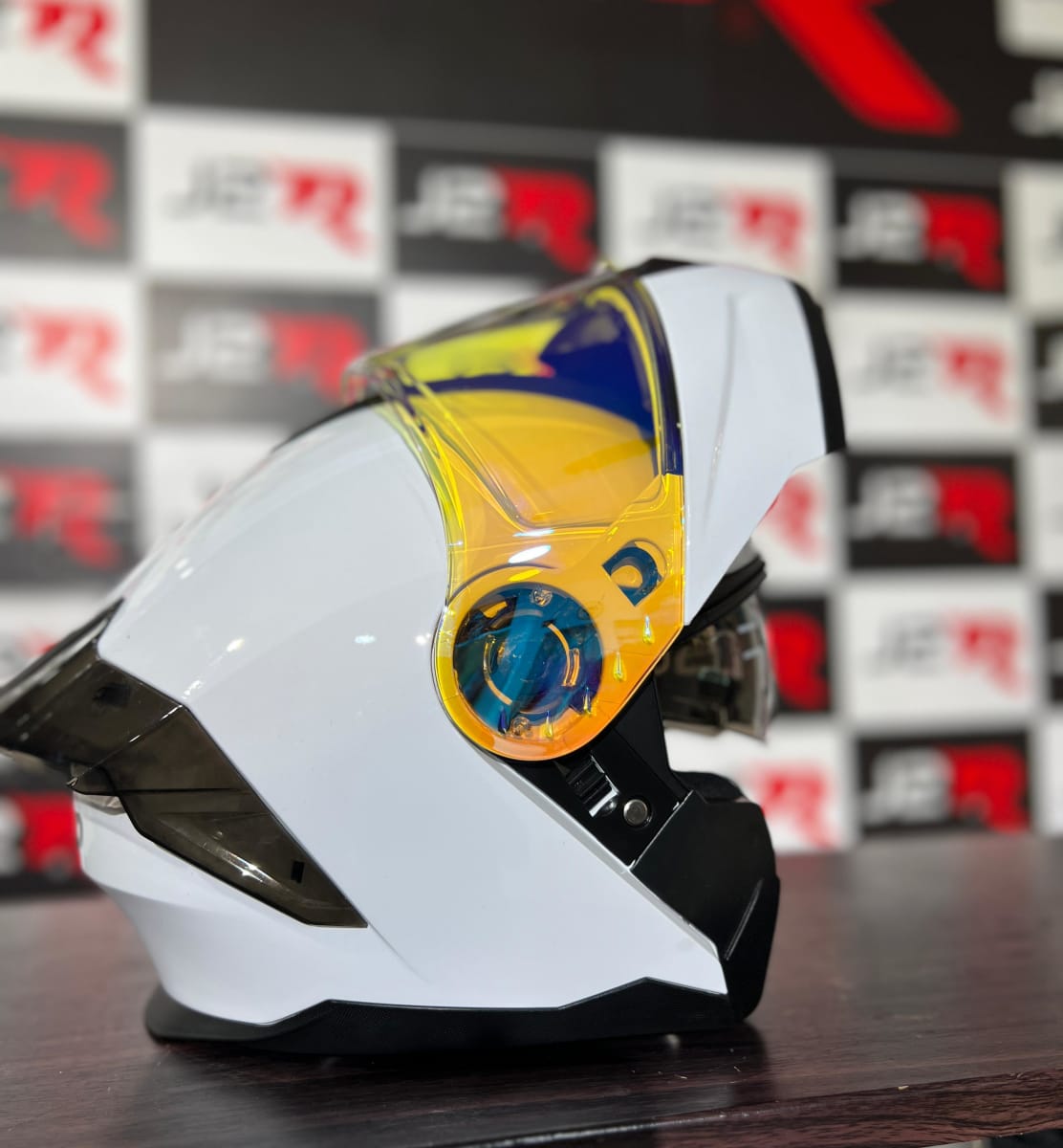 CASCO ABATIBLE REVO BLANCO VISOR AZUL C/LUZ LED3