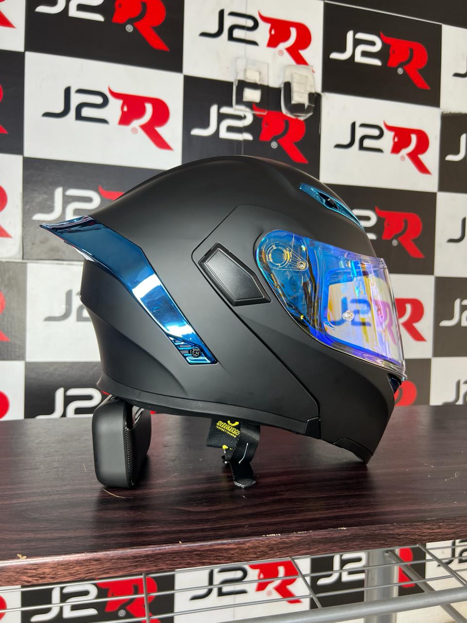 CASCO ABATIBLE SOMAN SAFIRO NEGRO AZUL VISOR REVO J2 RACING