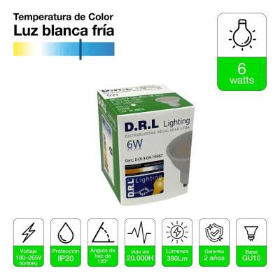 AMPOLLETA LED DICROICA 6W GU10 LUZ FRIA BLANCA 6000K D.R.L LIGHTING