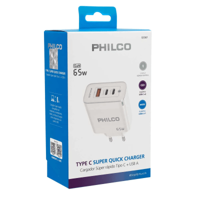 CARGADOR CELULAR SUPER RAPIDO 3 PUERTOS TIPO C X 2+ USB A X 1 65W  PHILCO QC667