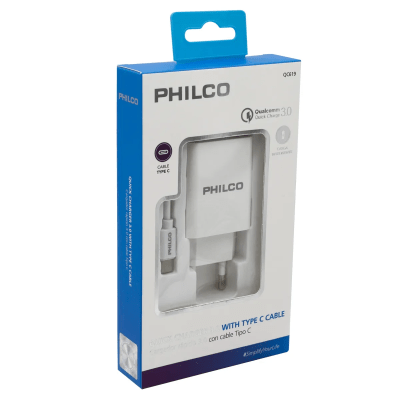 CARGADOR CELULAR QC3 USB-A /CABLE TIPO C PHILCO QC619
