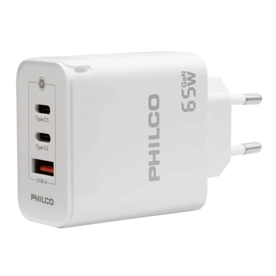 CARGADOR CELULAR SUPER RAPIDO 3 PUERTOS TIPO C X 2+ USB A X 1 65W  PHILCO QC667
