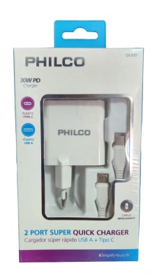 CARGADOR CELULAR A PARED SUPER RAPIDO 30W USB A Y USB C TIPO PHILCO QC630