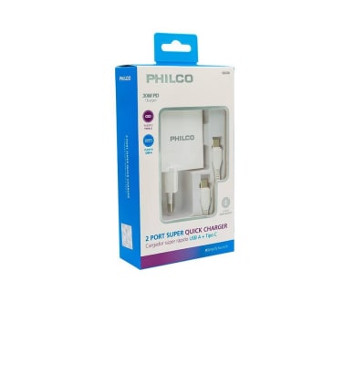 CARGADOR CELULAR A PARED SUPER RAPIDO 30W USB A Y USB C TIPO PHILCO QC630