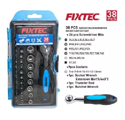 SET CHICHARRA CON JUEGO DE DESTORNILLADORES DE 38 PIEZAS FIXTEC FHSDK3802