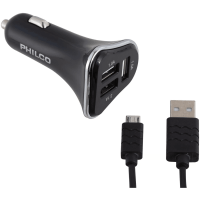 CARGADOR VEHICULO TRIPLE FAST CHARGER 3 PUERTOS 12V 2.4AMP MICRO USB PHILCO