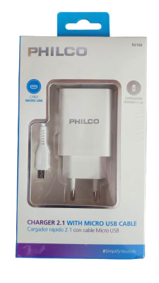 CARGADOR USB CELULAR MICRO USB 2.1A PHILCO BLANCO