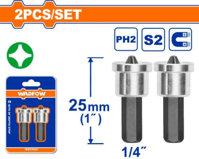 PUNTA PHILLIP SET 2PCS PUNTAS PH2 25MM C/TOPE DE PROFUNDIDAD ACERO WSV5601 WADFOW