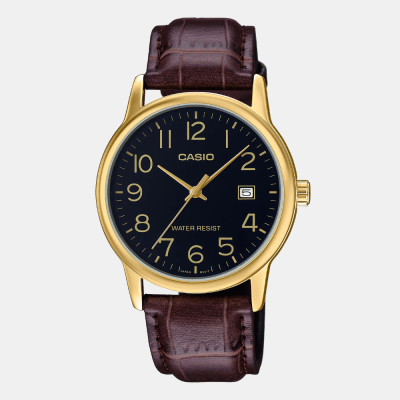Reloj Casio Clásico MTP-V002GL-1BUDF Análogo Linea Enticer Cuero Cafe/Dial Negro Hombre
