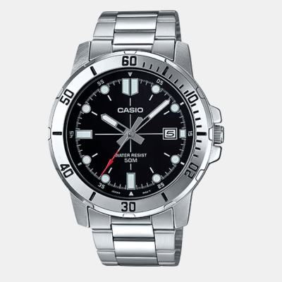 Reloj Casio Clásico  MTP-VD01-1EVUDF Deportivo Dial Negro Acero Análogo Plateado Hombre