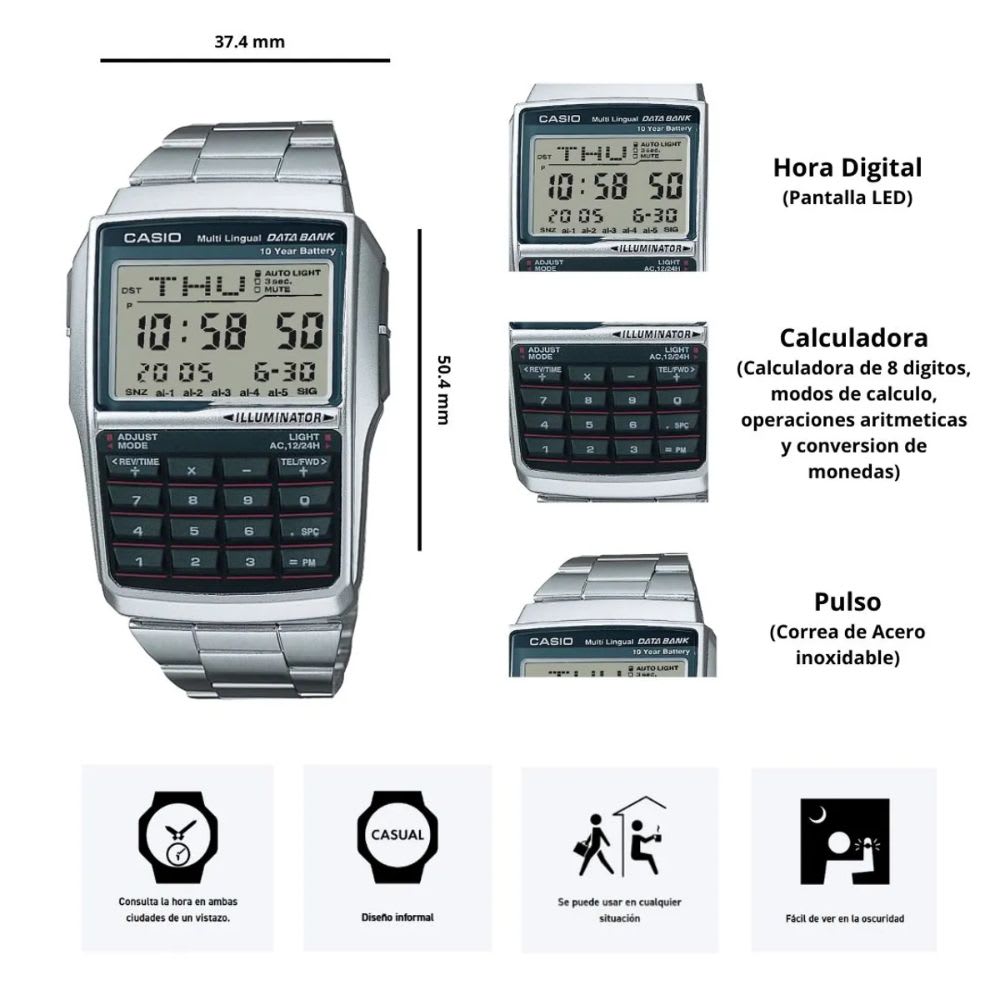 Reloj Casio Vintage  DBC-32D-1ADF Data Bank Plateado Hombre3