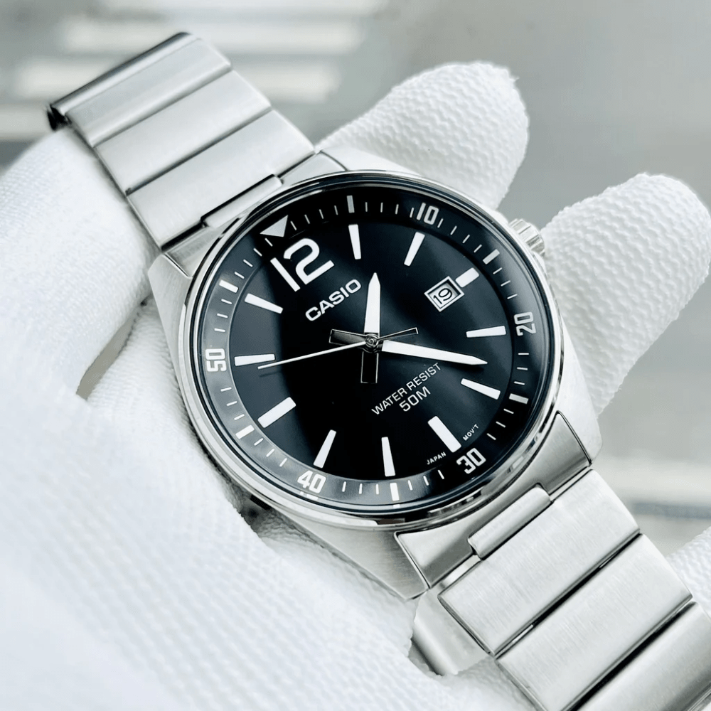 Reloj Casio Clásico MTP-E170D-1BVDF Análogo Linea Enticer Acero Plateado/Dial Negro Hombre4