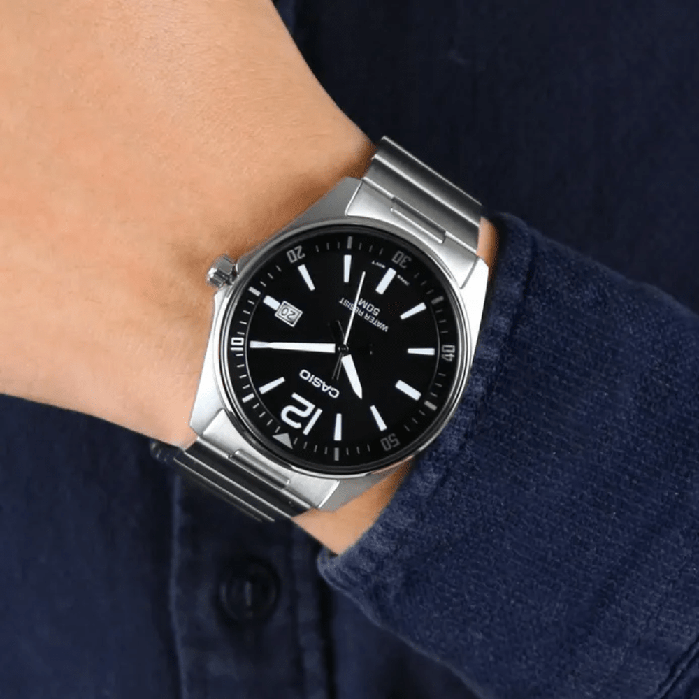 Reloj Casio Clásico MTP-E170D-1BVDF Análogo Linea Enticer Acero Plateado/Dial Negro Hombre2