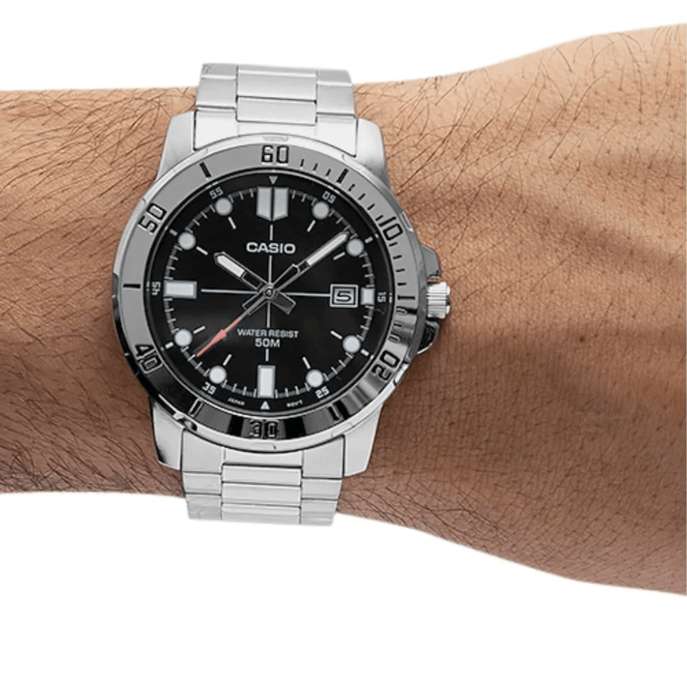 Reloj Casio Clásico  MTP-VD01-1EVUDF Deportivo Dial Negro Acero Análogo Plateado Hombre2
