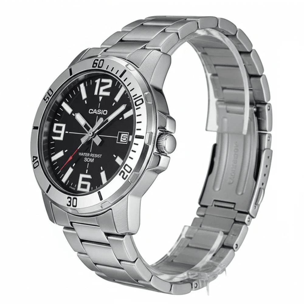 Reloj Casio Clásico  MTP-VD01-1EVUDF Deportivo Dial Negro Acero Análogo Plateado Hombre4